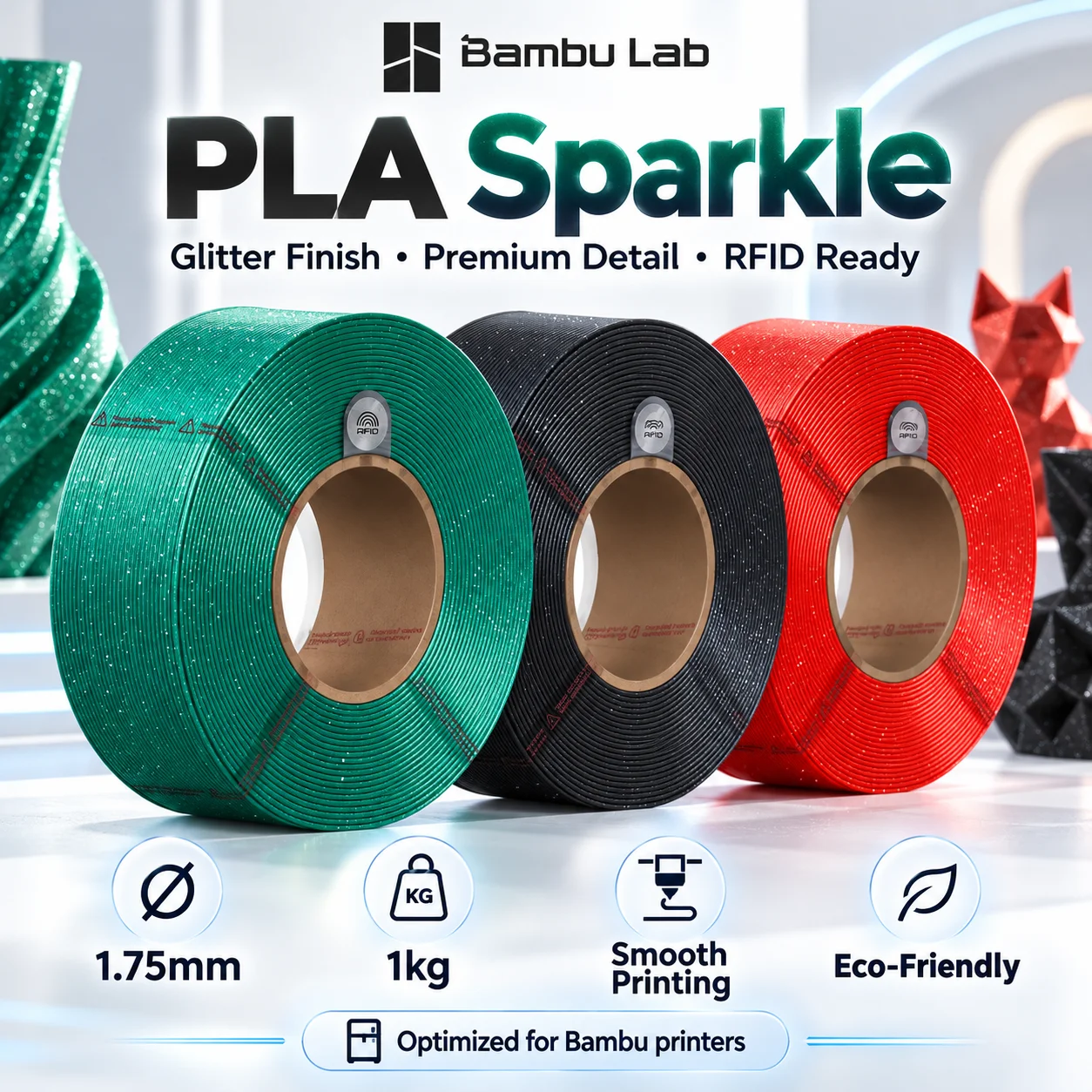 Bambu Lab PLA Sparkle Filament 1.75mm 1KG Glitter 3D Printer Filament RFID Smart Spool for AMS FDM 3D Printers