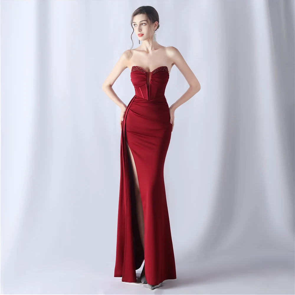 

DSP Elegant Mermaid Slit Soft Satin Prom Dresses for Woman Chic Evening Dress with Beads Special Occasion Party Maxi Dresses
