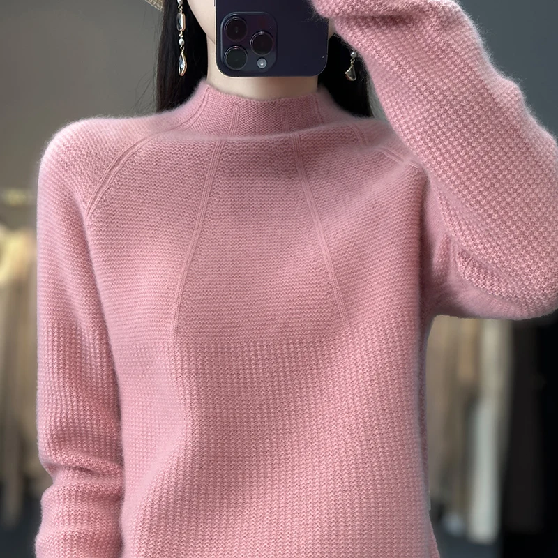 Autumn and winter new ladies 100% pure wool semi-high neck thick warm solid color sweater loose knit bottoming sweater