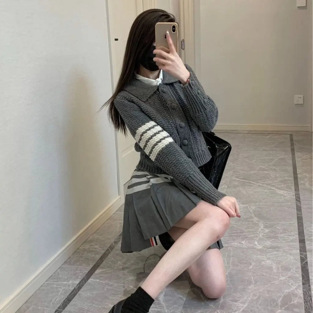

Tb Women's Knitted Cardigan Spring Autumn Casual Versatile Polo Lapel Jacket Small Fragrant Style Upper Apparel