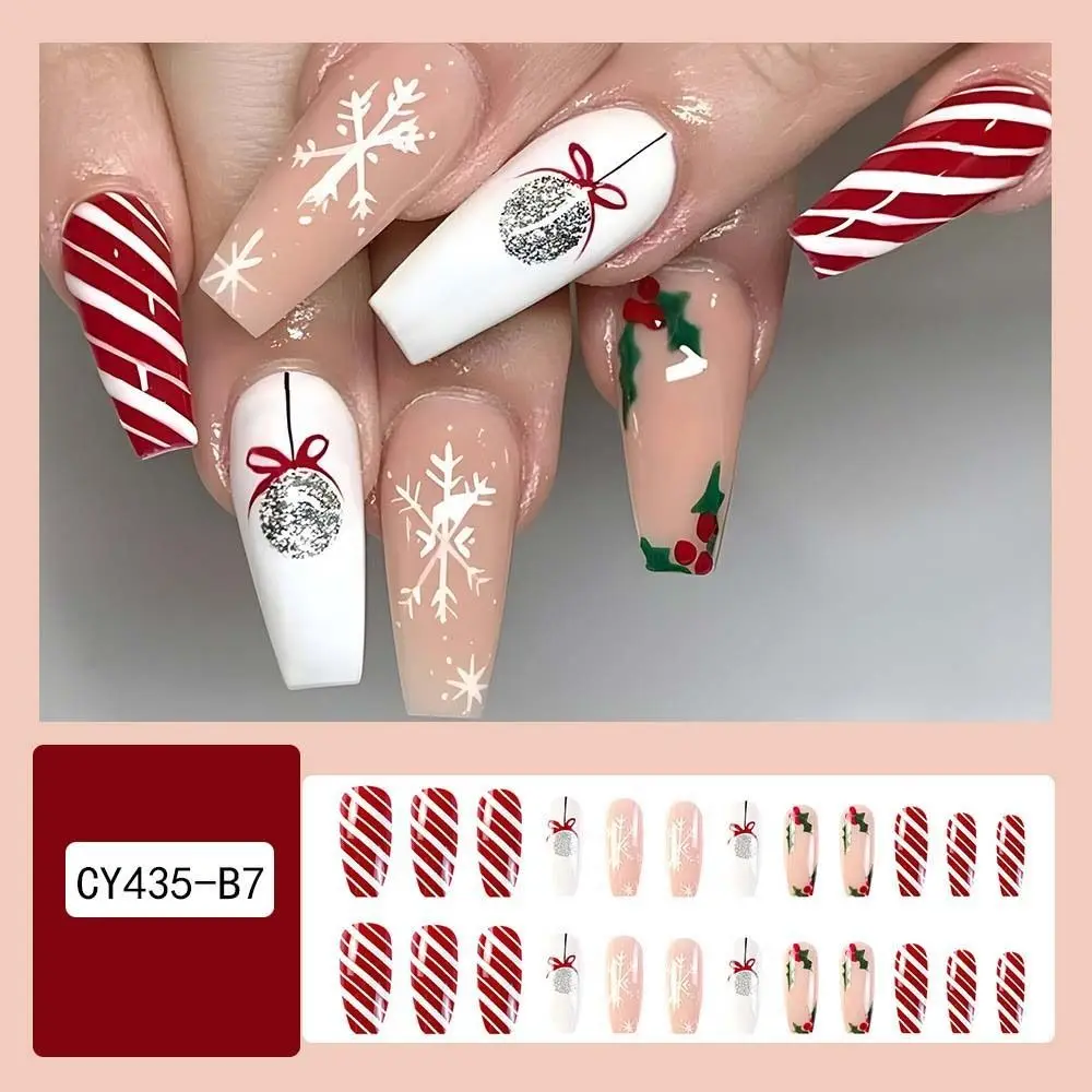 24 stks/set Franse Kerst Sneeuwvlok Nep Nagels Amandel Vierkante Volledige Dekking Kunstnagels voor Vrouwen DIY Manicure Accessoires