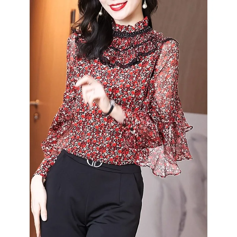 

New Autumn Clothes 2025 New Unique Ruffled Puff Sleeves Stand Collar Floral Shirt Temperament Tops for Women