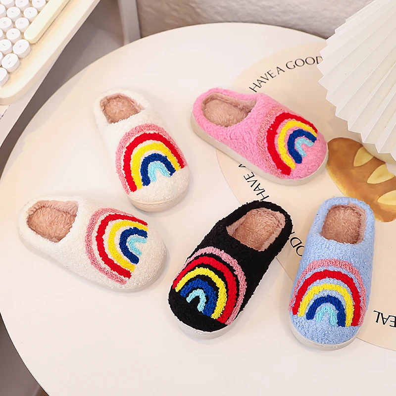 

Winter Girl's Slippers Round Toe Slip-on Rainbow Chic Kid's Flat Shoe Solid Colors Anti-slip Comfy Chic Children Shoes 7-12Y