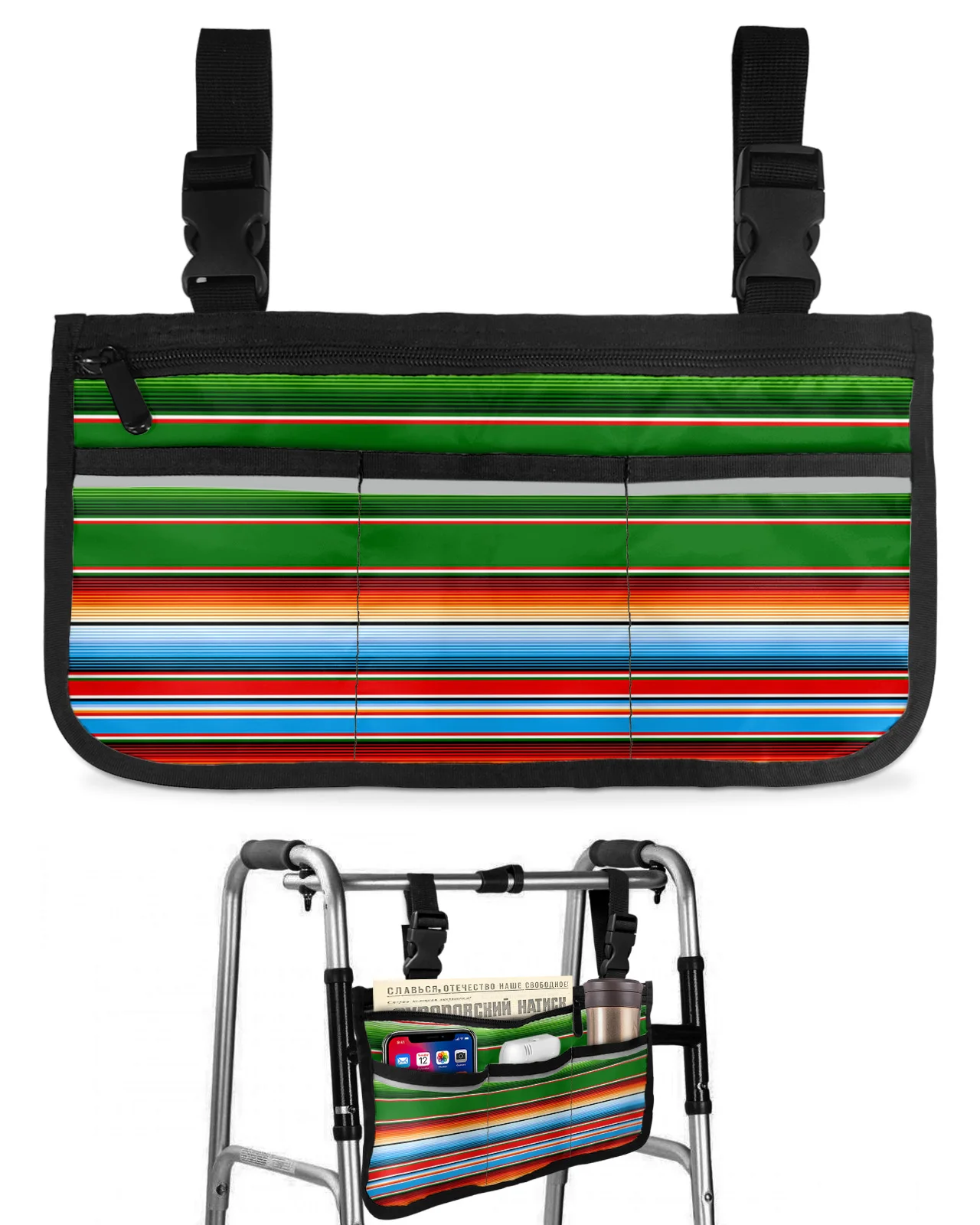 Colorful Mexican Stripes Wheelchair Bag With Pockets Armrest Side Bags Electric Scooter Walking Frame Storage Pouch