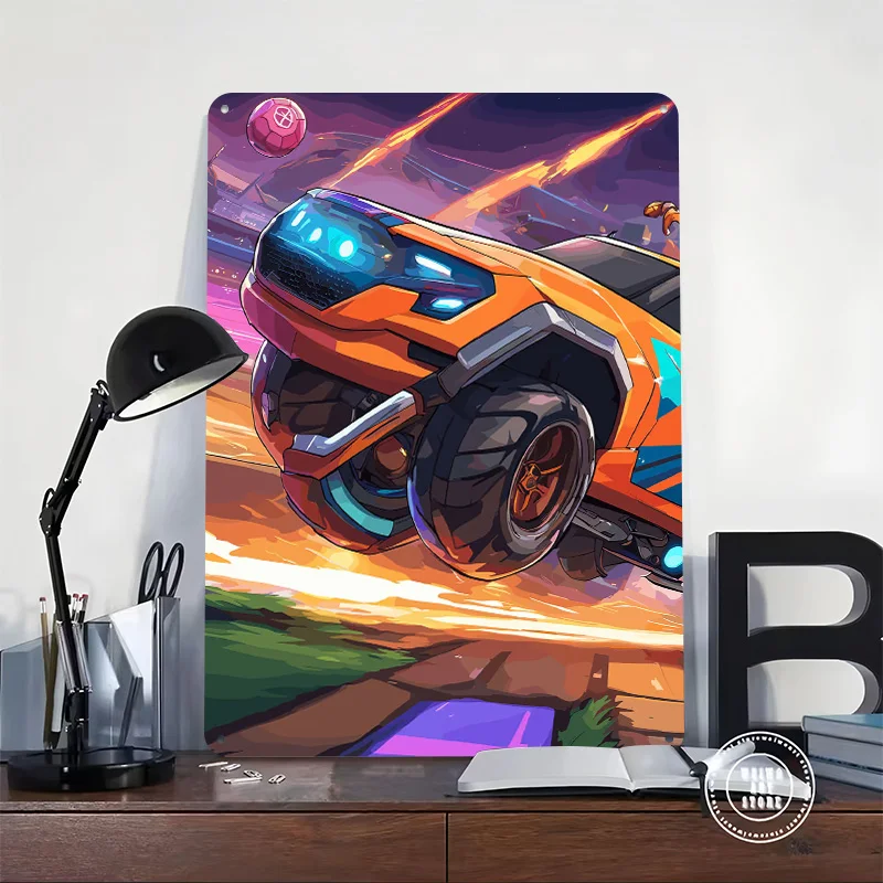 Rocket League in Action Car Printed Poster Customized Retro Wall Art Vintage Metal Tin Signs for Home Man Cave Room Decor Men