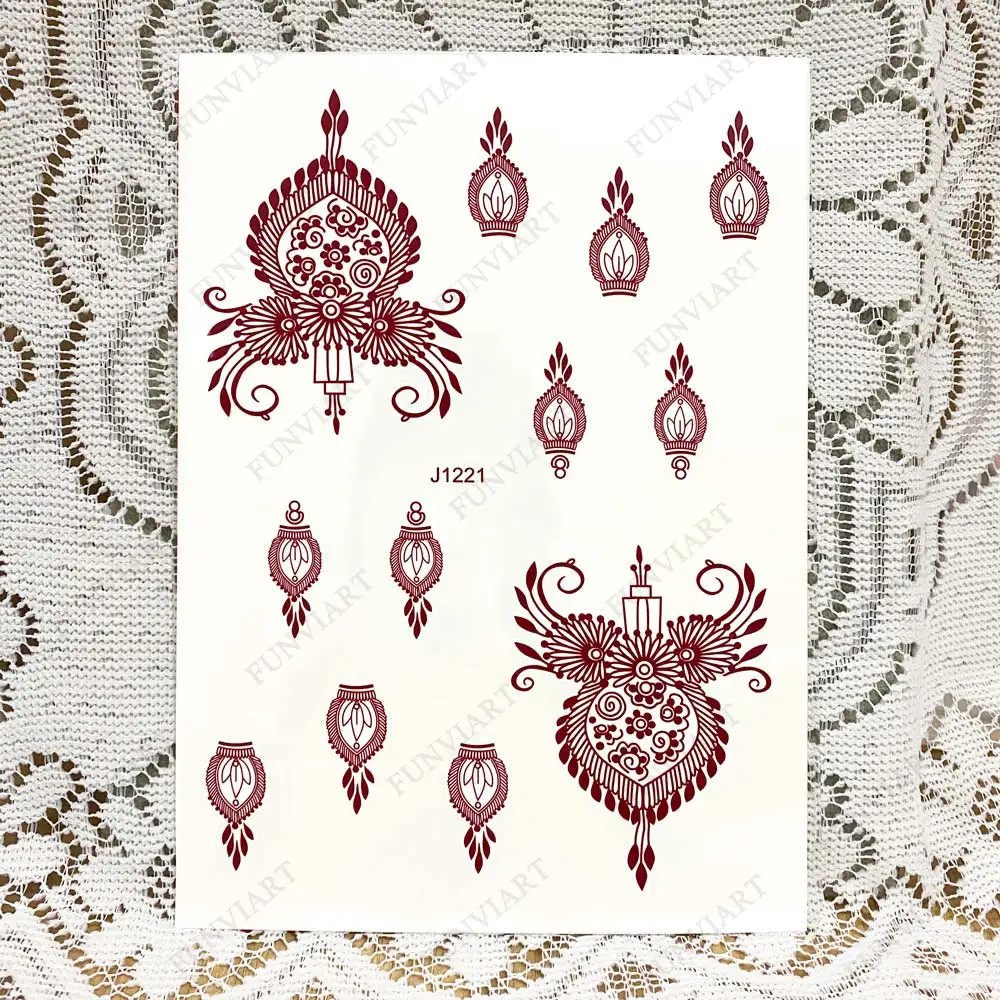 Brown Henna Tattoo Sticker for Children Waterproof Temporary Tattoos Small Size Mehndi Fake Tattoo for Hand Girl Sleeve Body Art