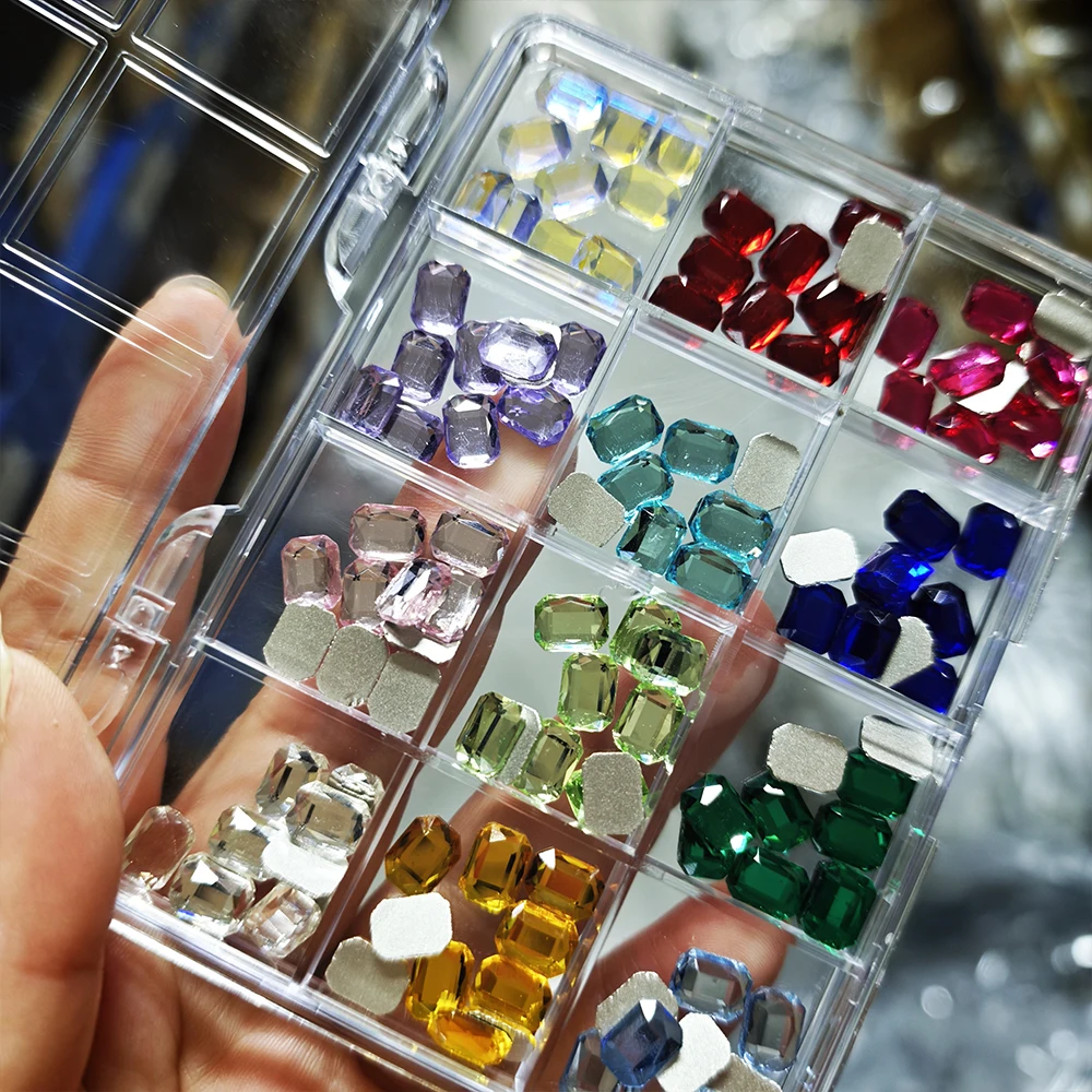12grids Multi-Color Glass Gems Nail Art Rhinestones 3D Luxury Ice Transparent Rectangle Faceted Flatback Nail Jewelry Nail Diamo