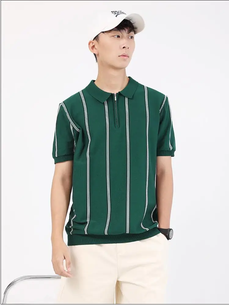 Elastic Viscose Blends Polo Shirts For Men Striped Knitted Cool Summer Quality Smooth Comfortable Smart Casual Camisas De Hombre