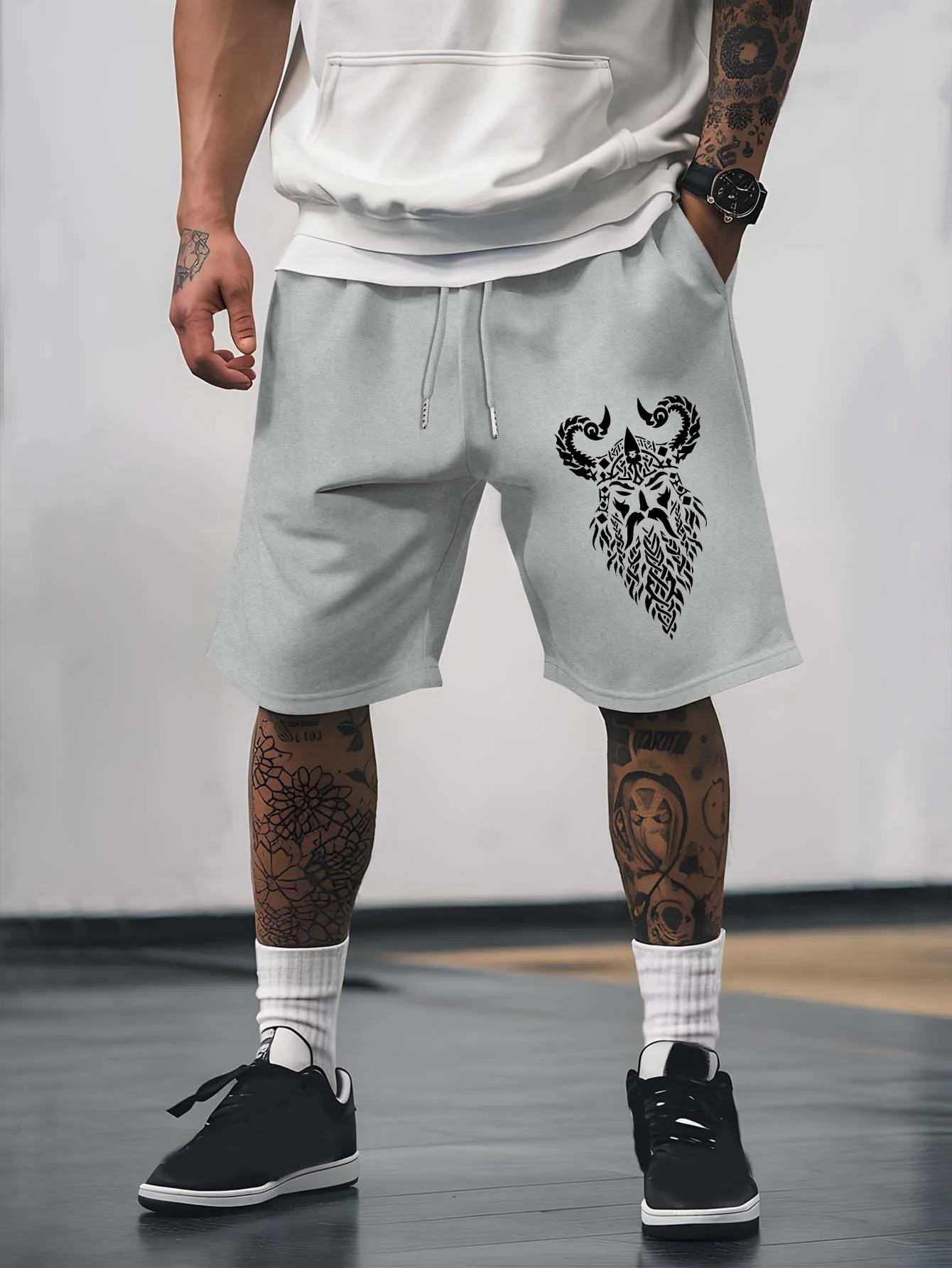 Summer Men's  Viking Print Casual Shorts Stylish Versatile Elastic Waist with Drawstring Suitable for Everyday Wear