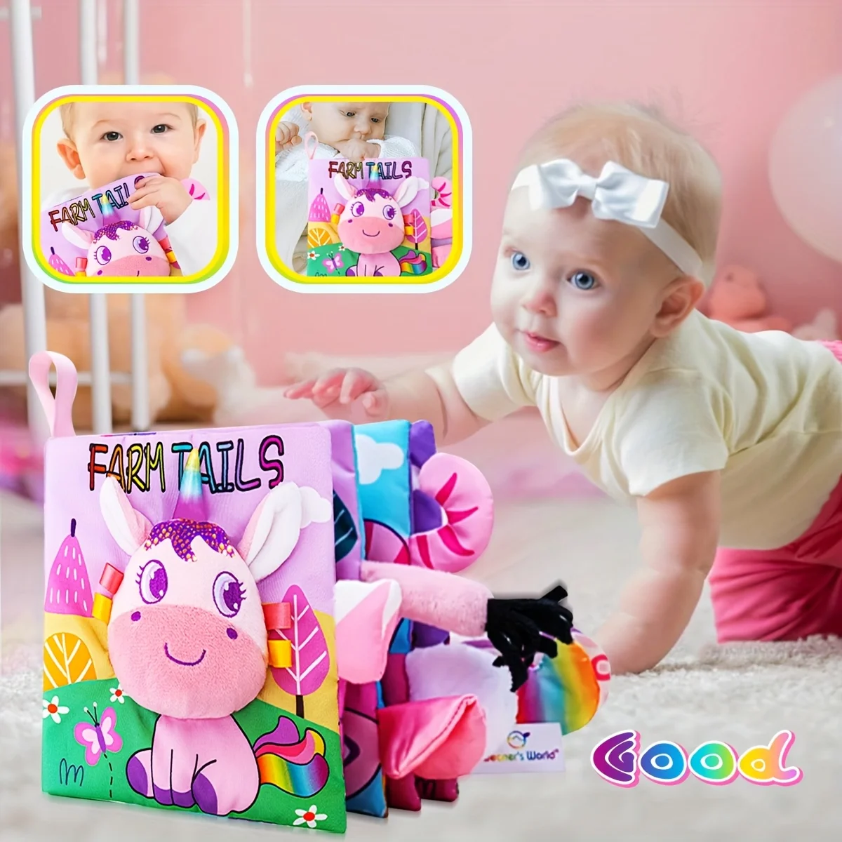 Doekboek met eenhoornstaart, verlichtingsdoekboek, cognitief speelgoed met aanraakfunctie voor vroeg onderwijs, interactieve kinderboeken