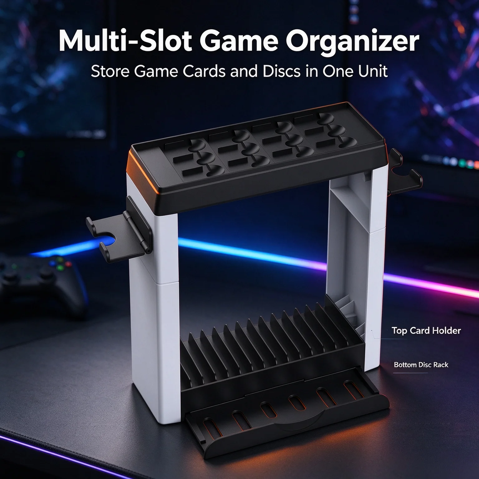 Compact Console Shelf for Switch 2 Switch OLED Space-Saving with 12-Game Bay Dual Hook Hang Grip Organizer Desktop Stand Black