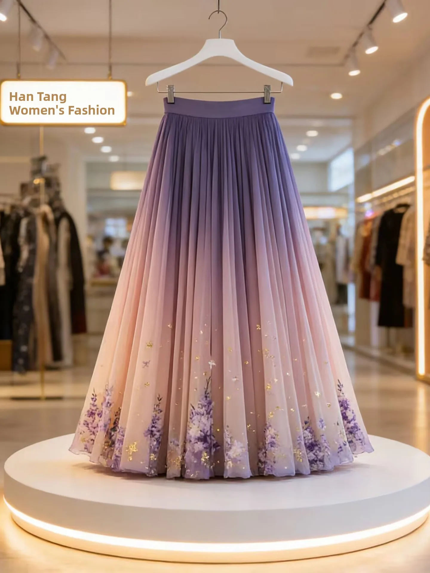 Elegant Gradual Color Print A-Line Midi Skirt Women's High Waist Slimming Long Over-Knee Chiffon Skirt Spring Summer New Arrival