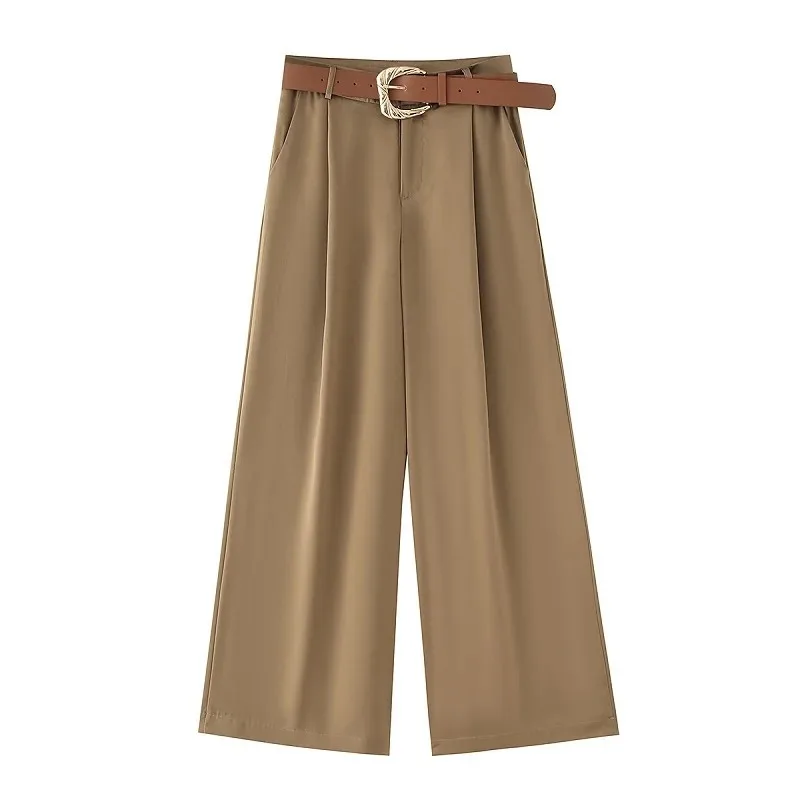 

Women's Khaki Mid Waist Pleated Wide Leg Pants - Belted Satin Flowy Trousers with Pockets for Elegant Summer Casual Wear