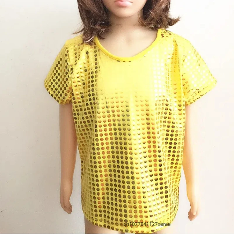 Детские костюмы для джазовых танцев, свободные футболки с короткими рукавами и блестками, костюмы для группового фестиваля, сценических танцевальных выступлений