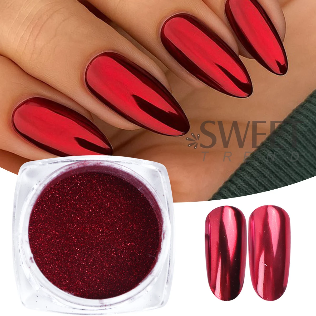 2 szt. Czerwony Metaliczny Efekt Lustra Chromowany Puder do Paznokci Walentynki Błyszczący Pyłek do Wcierania Nowy Rok Metaliczny Brokat Dekoracja Manicure Efekt Flash