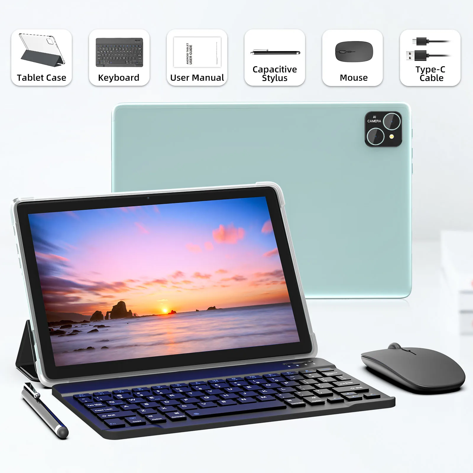 تابلت Android 14 مع لوحة مفاتيح، ماوس، حافظة واقية، قلم، معالج ثماني النواة، 8(4+4) GB+128GB، معتمد من GMS، واي فاي