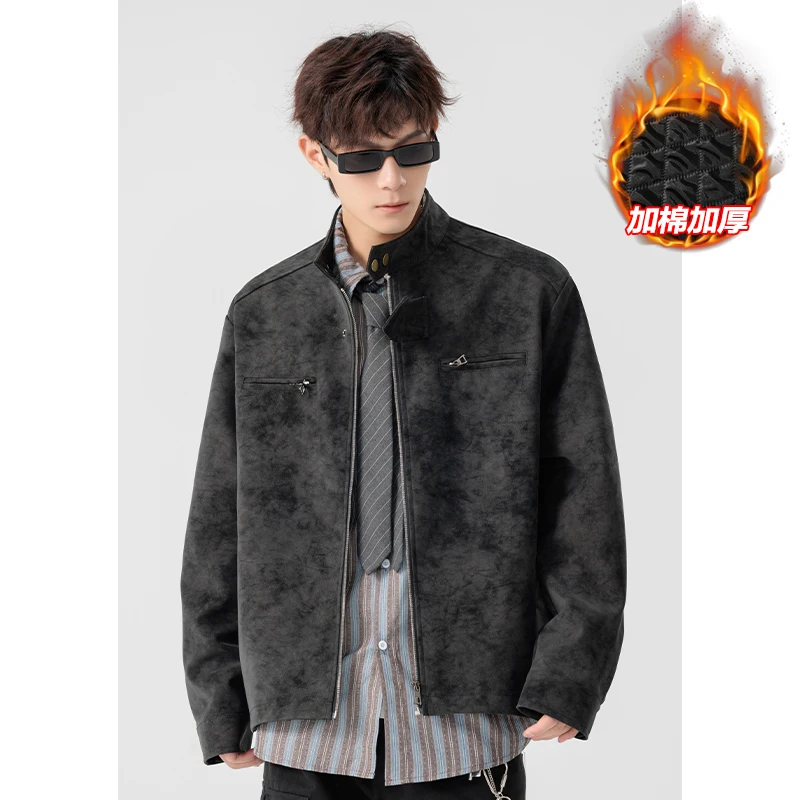 

Мужская утолщенная куртка с воротником-стойкой — верхняя одежда с обычными плечами больших размеров из искусственной кожи на хлопковой подкладке