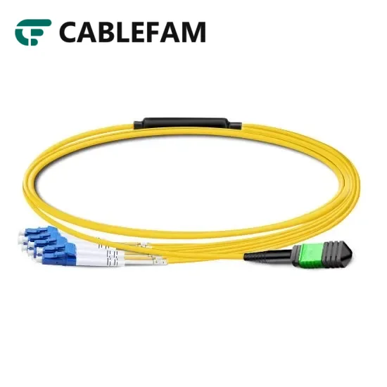 MPO APC Female to 4 LC UPC Duplex OS2 Single Mode Fiber Breakout Cable 8 Fibers Type B 2.0mm LSZH, Yellow