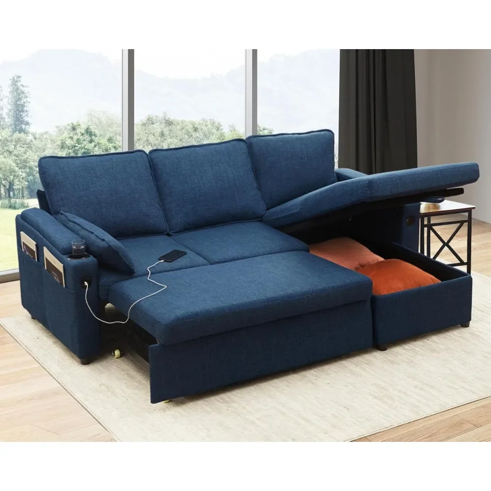 Sofa Bed Sleeper Pull Out 2 in 1 Sectional Sleeper Sofa Couches with Storage,USB,Cup Holder,Pullout Sectional Couches