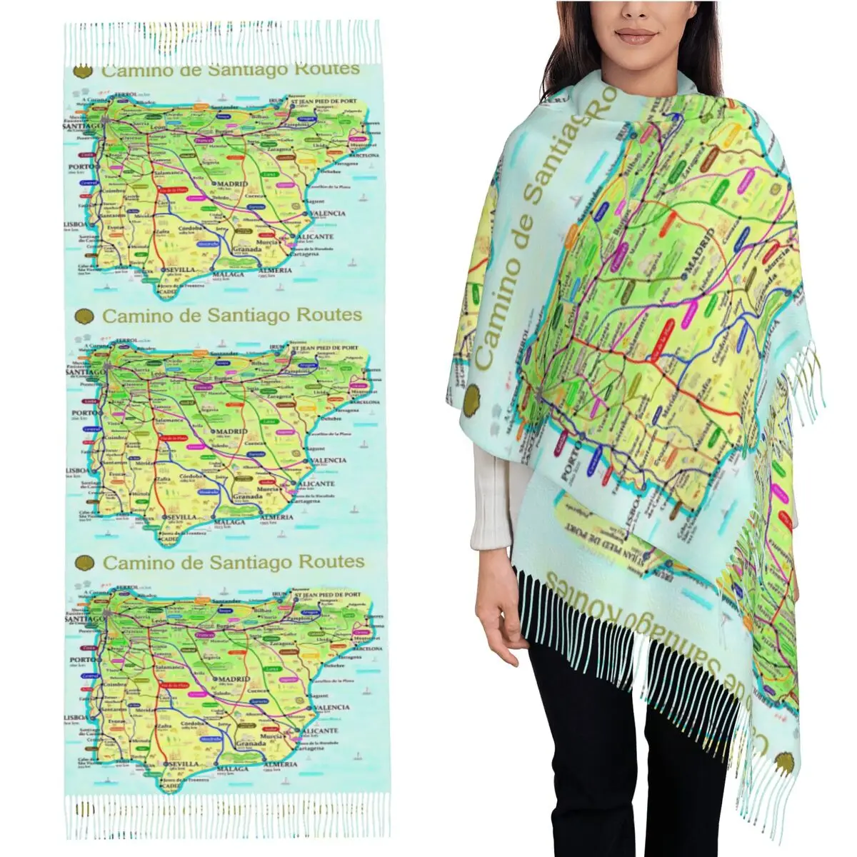 Mapa De Camino De Santiago Rutas en España y Portugal Bufanda Bufandas con borlas Chales y chales para mujer Chal grande para otoño e invierno