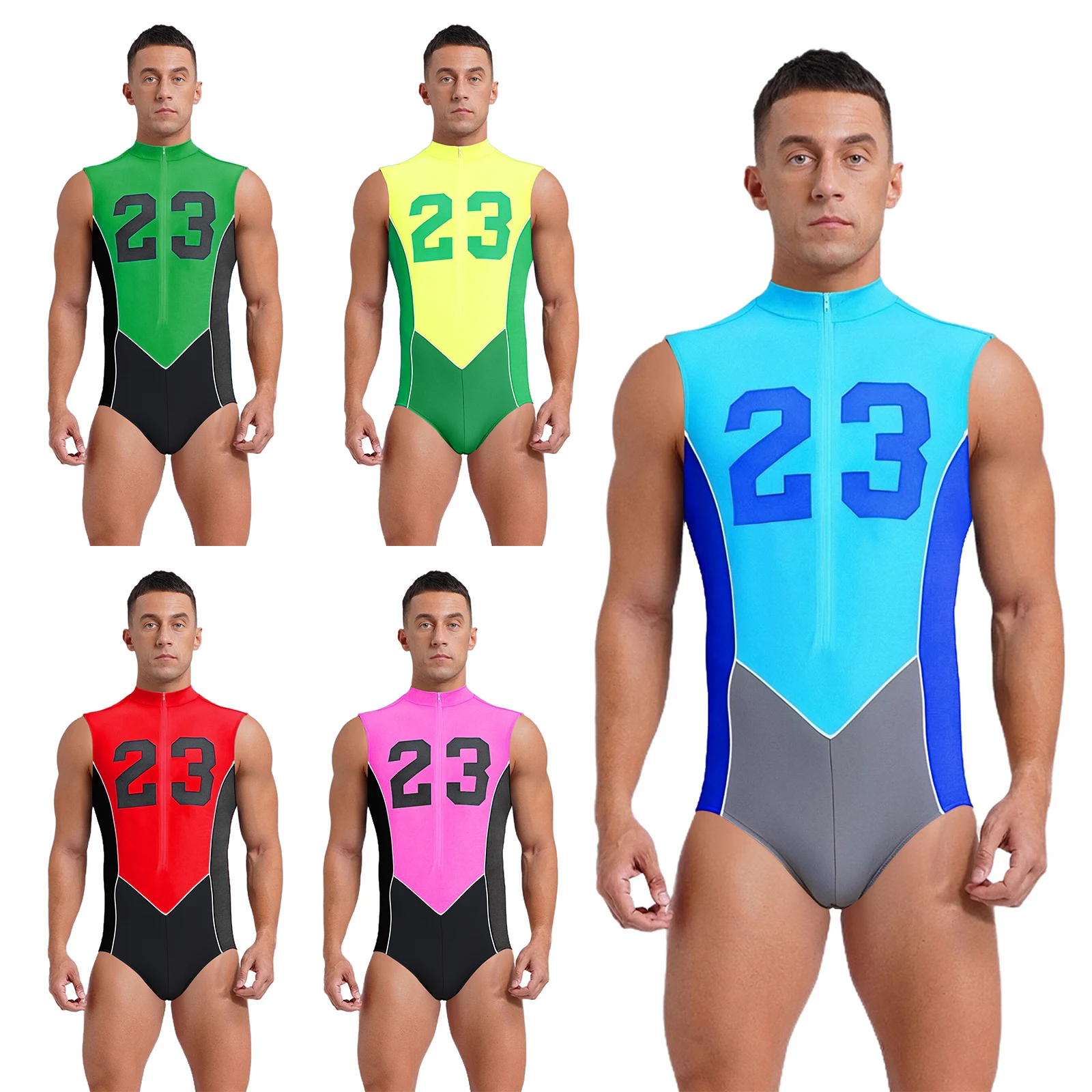 Einteiliger Badeanzug-Body für Herren, ärmellos, mit Reißverschluss vorne, Nummern bedruckt, Farbblock-Trikot für Radfahren, Laufen, Workout, Übung