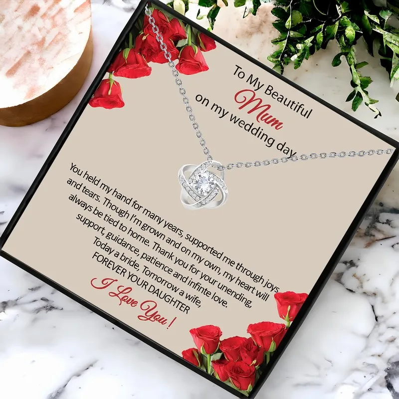 قلادة أنيقة على شكل عقدة على شكل قلب لهدية زفاف الأم مع بطاقة تذكار في صندوق هدايا مجوهرات عاطفية للابنة والعروس تذكار