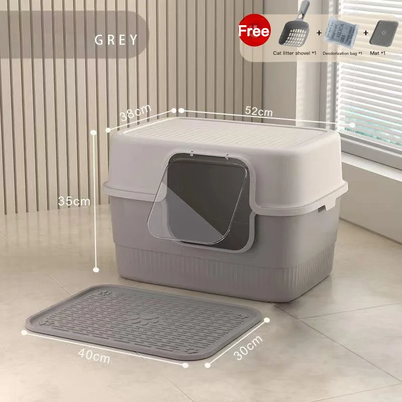 La grande caja de arena cerrada para gatos viene con cuchara, desodorante y estera para un fácil limpieza de inodoro para gatos cubierto