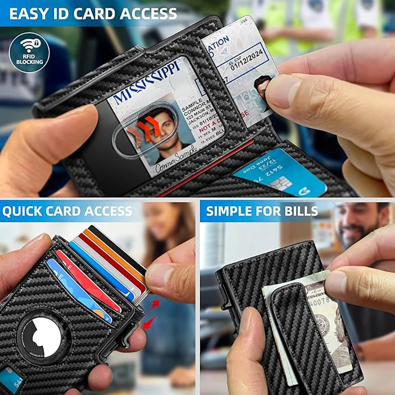 YATBEST Men's Genuine Pickup Bag RFID Anti Theft Brush Magnetic Tape Airtag Positioning Slot Automatic Pop up Metal Wallet