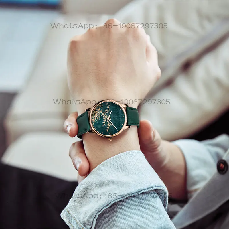 National Style Golden Bamboo Chen Niche Dark Green Retro Chinese Guochao Fashion Custom Couple Watch for Men and Women