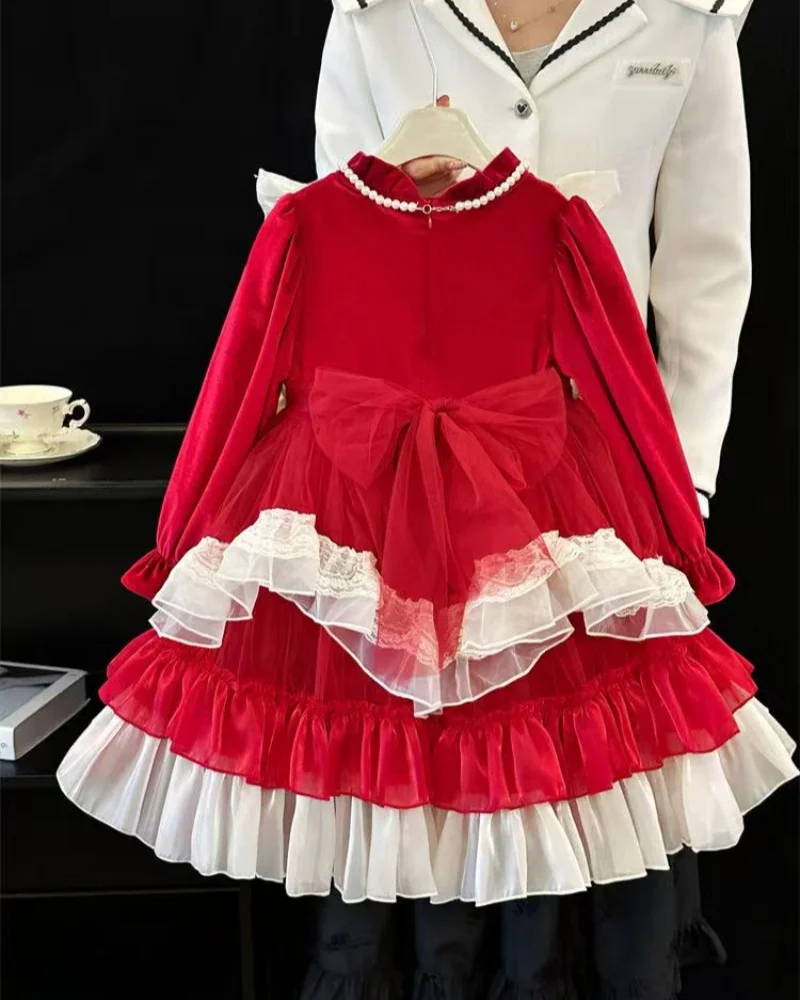 Retail New Baby Girls Boutique Winter Red Fleece Dress, Princess Kids Sweet Party Birthday Dress 3-9T