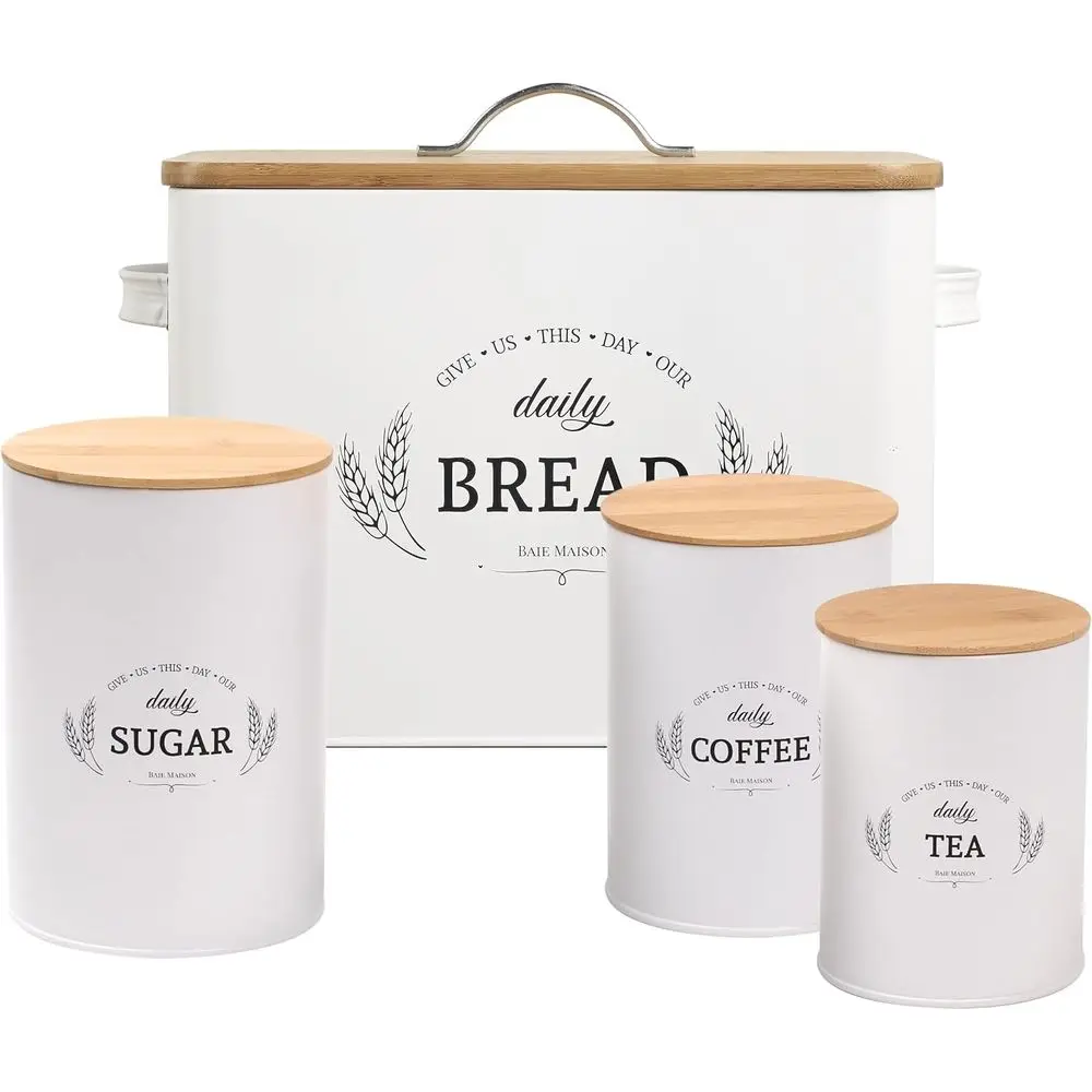 

Большая белая коробка для хлеба в фермерском доме с кухонным канистром из 3 предметов для хранения кофе, чая, сахара