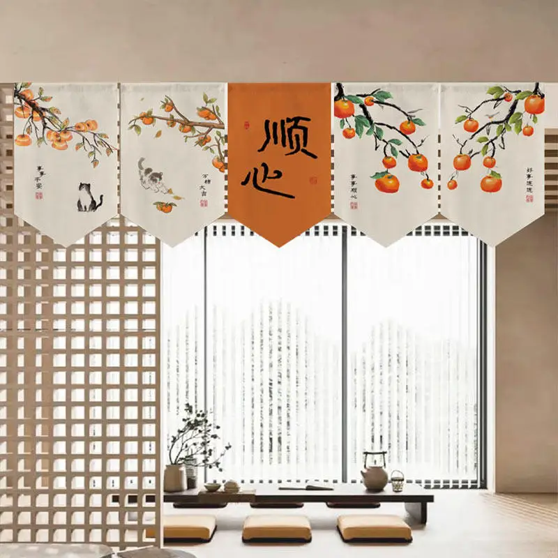 VIKAMA Chinese Style Triangle Banner Half Curtain Room Divider for Tea House Cafe Storefront Kitchen Entryway Decor