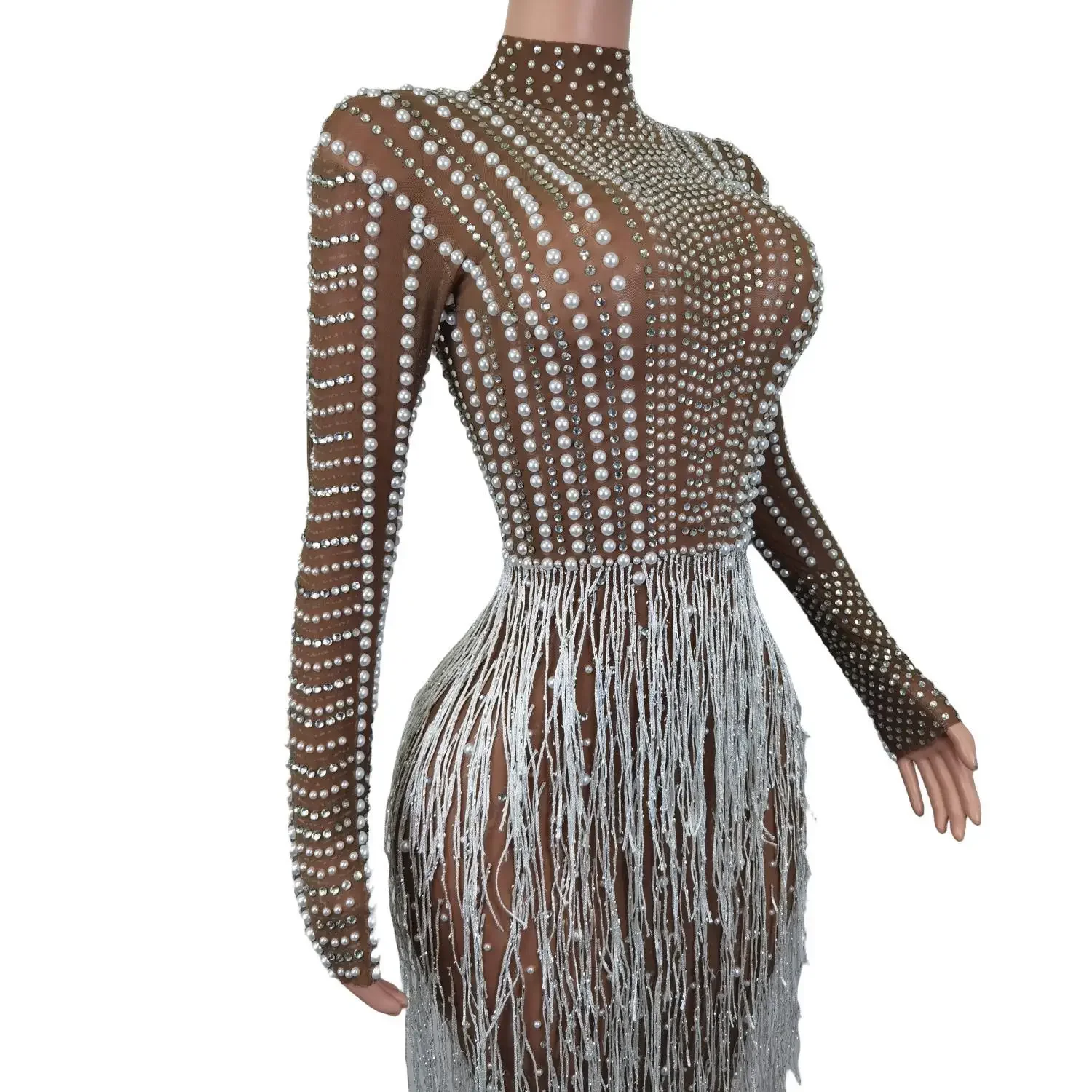 Luxury Crystal Sequin Dress Elegant Sexy Pearl Dress Party Tassel Mesh Nude Rhinestone Evening Dress Lady Stage Show Costumes