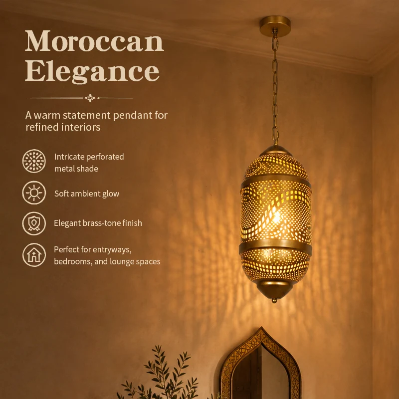 Vintage Moroccan Pendant Light Gold Perforated Metal Hanging Lamp E27 Ceiling Light for Living Room Bedroom Hallway Restaurant