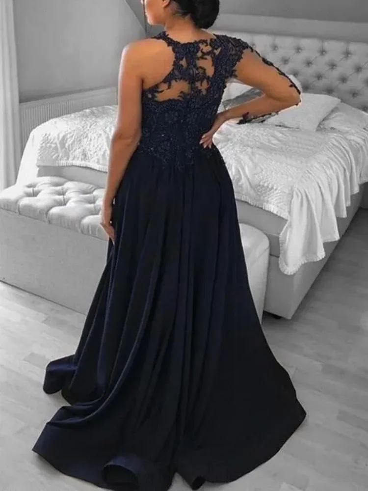 Abiti da sera in chiffon di pizzo blu navy con spacco frontale A Line Appliques Abiti da ballo a maniche lunghe trasparenti con collo gioiello personalizzati