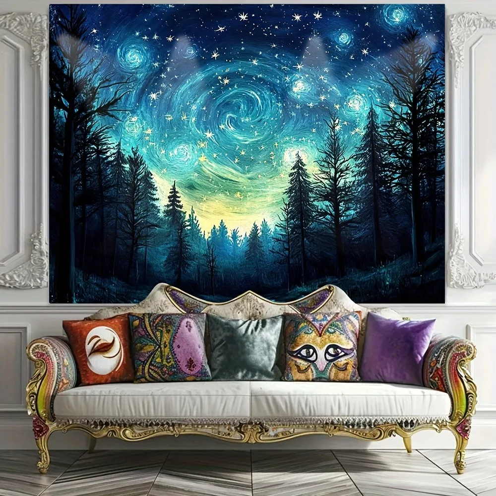 Cosmic Starry Forest Tapestry: Swirling Galaxy Art Pattern Mystic Boho Wall Decor for Living Room Bedroom