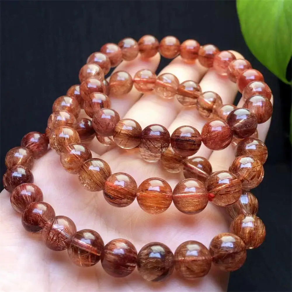 10mm Natural Red Copper Rutilated Quartz Bracelet Round Bead Reiki Healing Stone Crystal Fashion Jewelry Women Men Gift