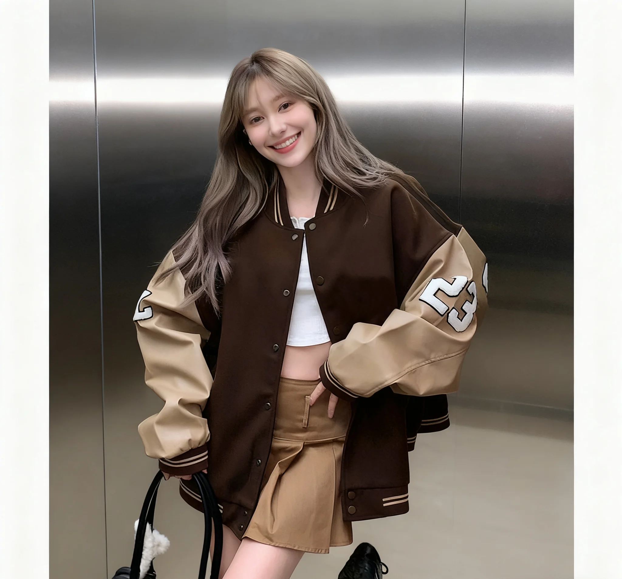 

Baseball Jackets Red Womens Summer Quick-Drying Contrast Slim Snap Buckle Breathable Campus Vacation Minimalist Round-Neck Retro