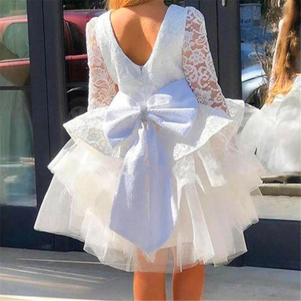 Ball Beauty Pageant Long-sleeved Fluffy Lace Printing Flower Girl Dress Princess First Communion Kids Surprise Birthday Present