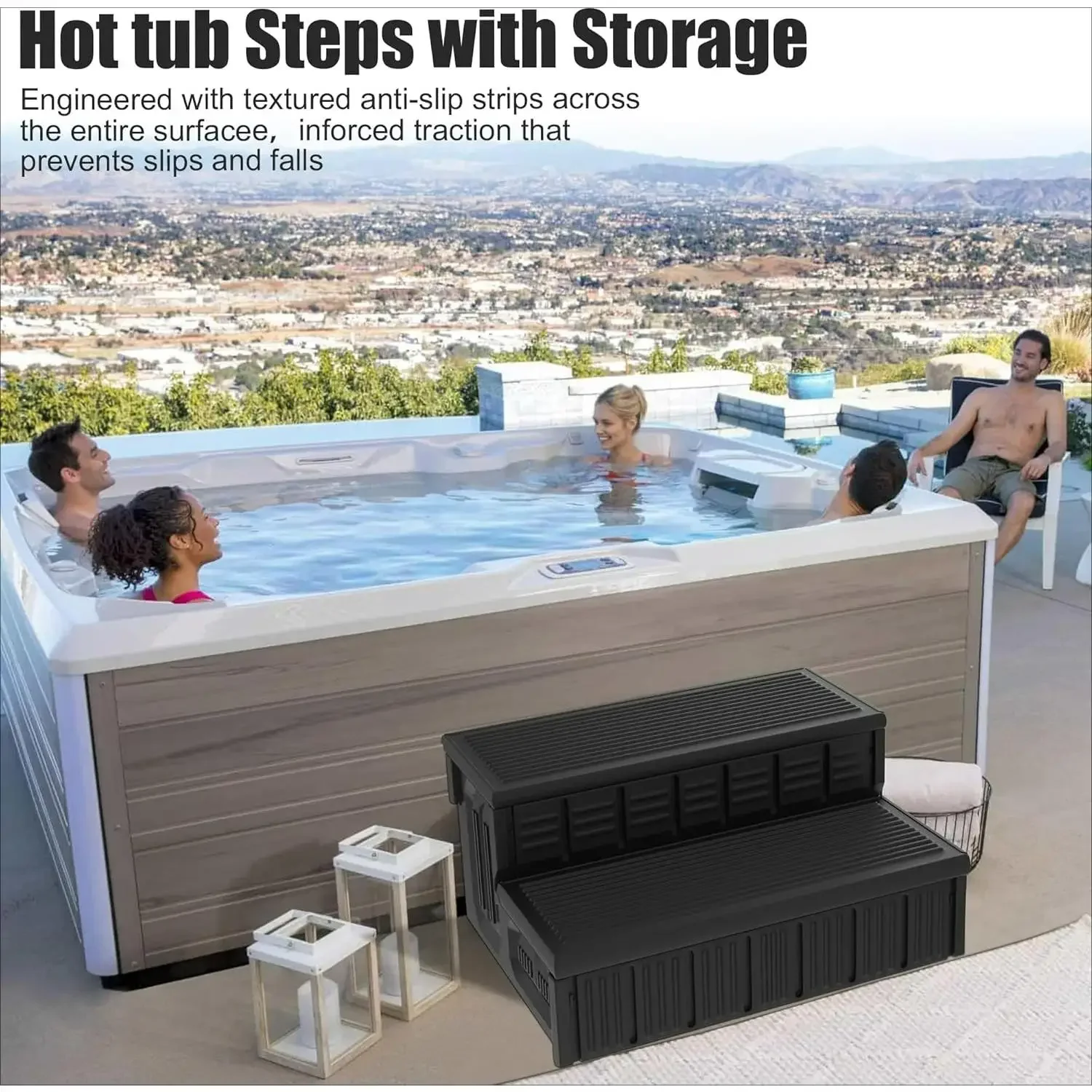 ホットタブステップ、屋外スパステップ（収納付き）、滑り止め＆頑丈なホットタブ階段、長さ36インチ、ブラック