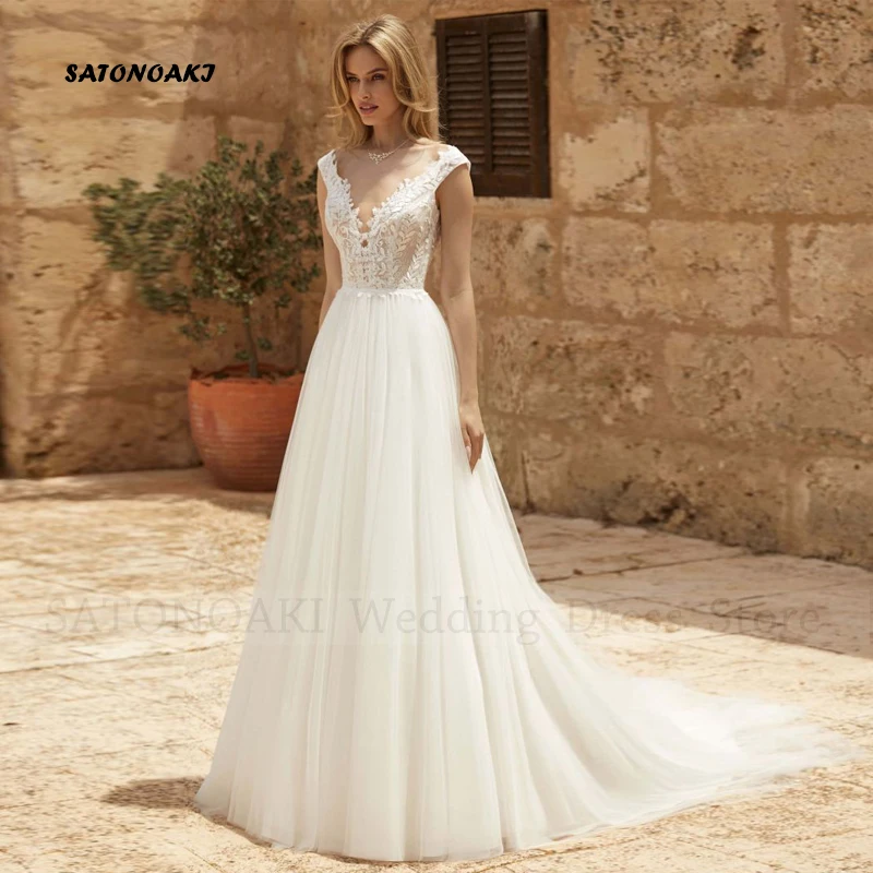

Elegant Boho V-Neck Lace Wedding Dresses for Women A-Line Sweep Train Sleeveless Appliques Bride Gown Vestidos De Novia Custom
