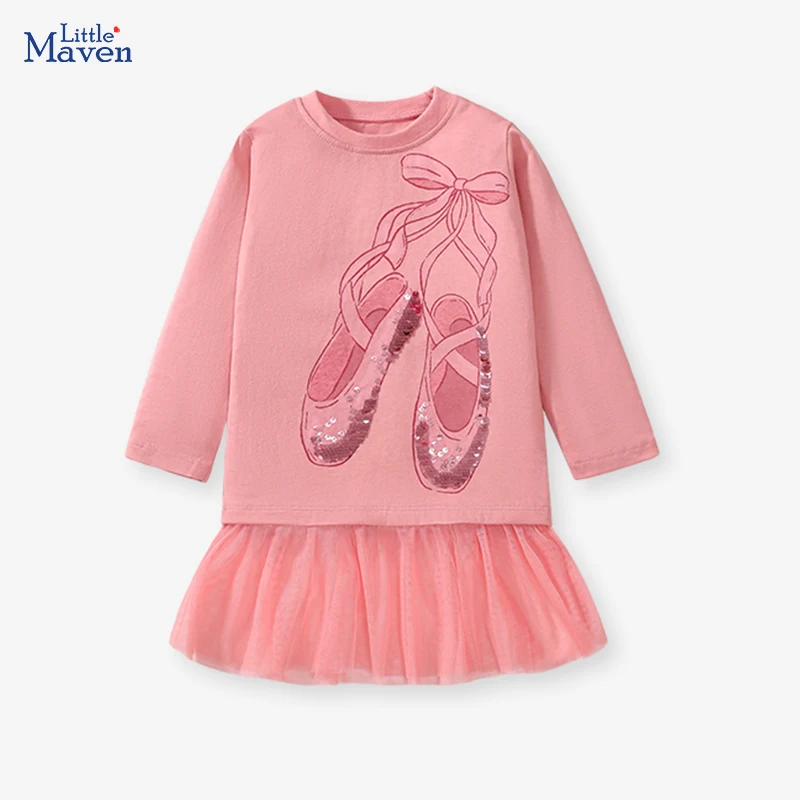 Little Maven Children's Clothing 2024 Autumn Spring Tops Kids Clothes Baby Girls Cartoon Sequin Ballet Shoes T-shirts Cotton