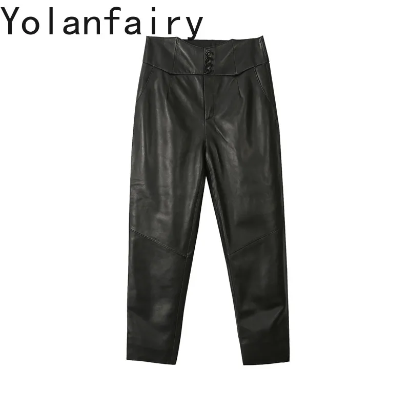 YOLANFAIRY Women Genuine Sheepskin Leather Harem Pants 2026 Autumn Winter Black High Waist Draped 9 Points Casual Pants Trousers