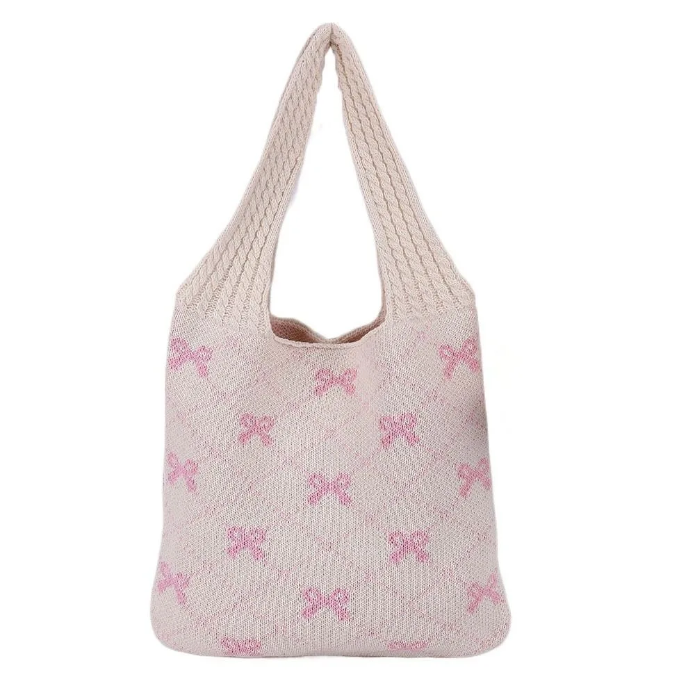 

Large Capacity Bow Knitting Shoulder Bag Soft Spacious Crochet Tote Bag Eco-Friendly Portable Simple Shopping Bag Girls