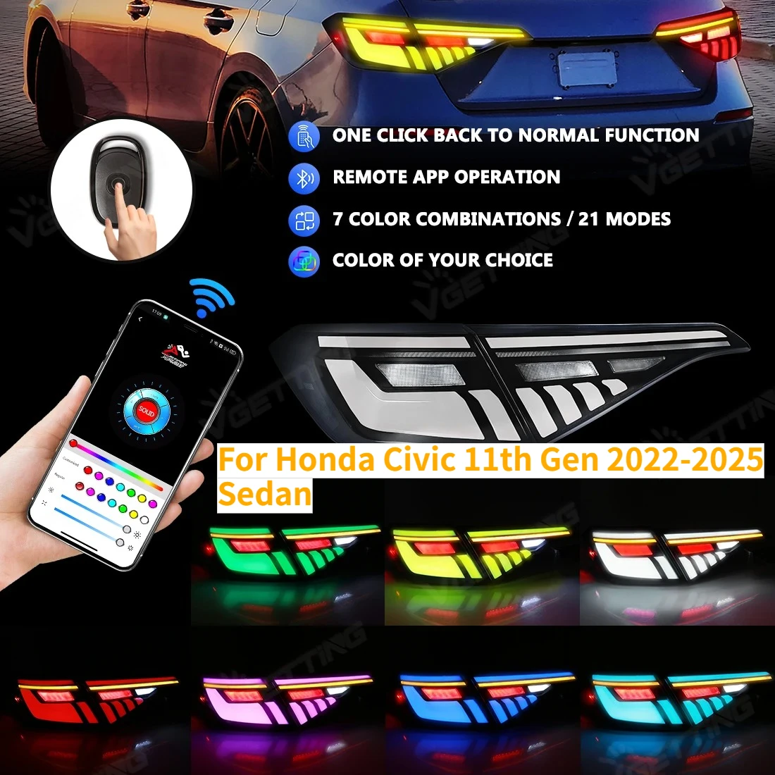 

1 Pair LED RGB Rear Taillights For Honda Civic 11th Gen 2022 2023 2024 2025 Sedan Turn Signal Brake Fog Lamp Accessories