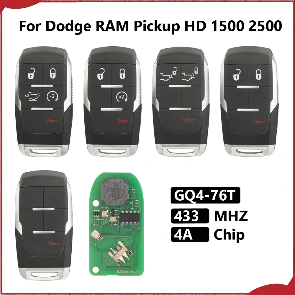 jingyuqin Neuer GQ4-76T 433MHz 4A Fernbedienungs-Autoschlüssel 68374994 für Dodge RAM Pickup HD 1500 2500 3500 4500 5500 2019-2024 Keyless Go