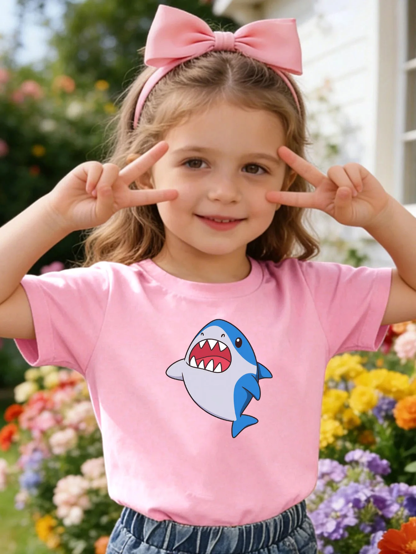 Lovely Cartoon Shark Animal Print Kids Tee Boys Girls Family Match Cotton Crew Neck Short Sleeve Soft Summer Casual Kid Wear