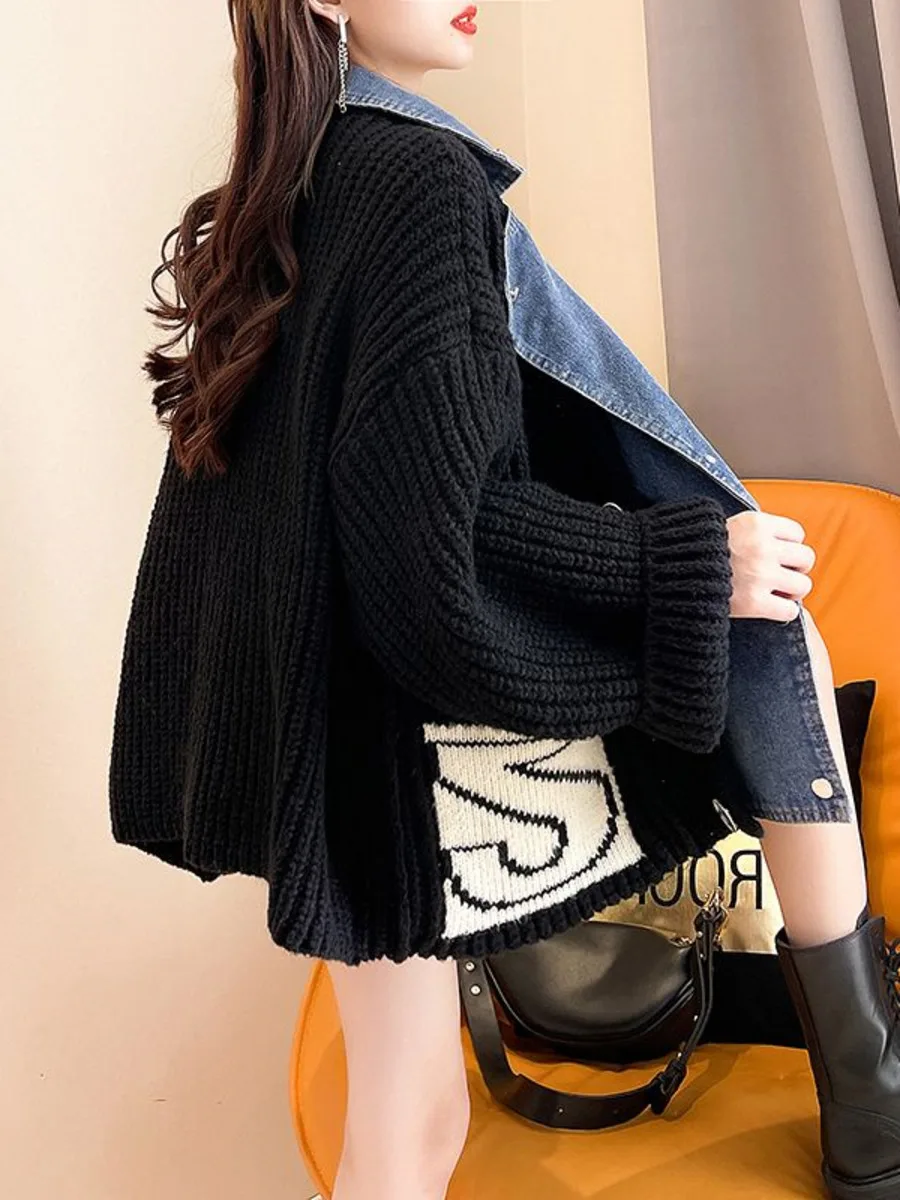 Network Red Denim Spliced Sweater Cardigan Women\'s Autumn/Winter Korean Version Loose And Lazy Fake Two Piece Thickened Coat Top