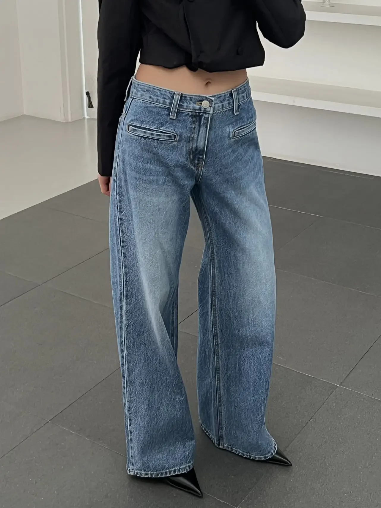 Boyfriend Style Blue Jeans Women Streetwear High Waisted Korean Pocket Flare Jeans Female High Street Denim Pants Mom