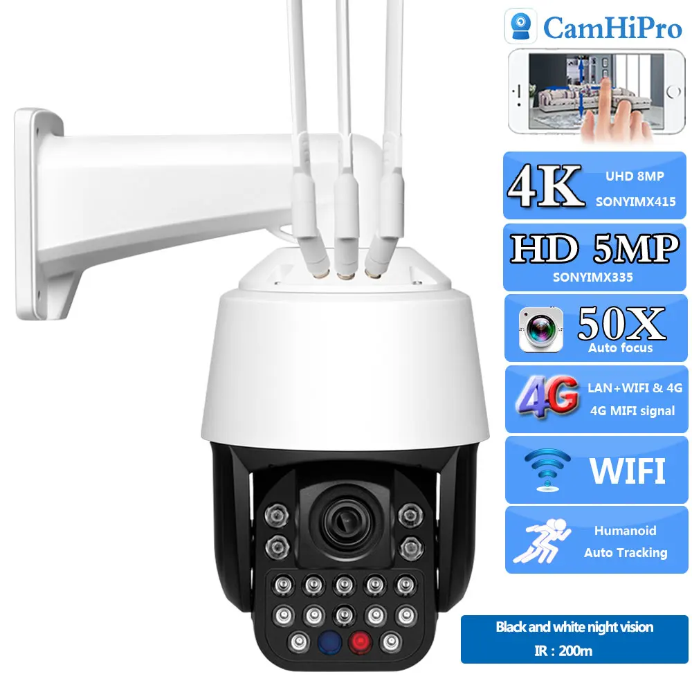 

4K 8MP 50X Auto Zoom 3G 4G SIM Card Wireles Security IP Camera Wifi 5MP PTZ Dome Human Tracking Laser Led IR 200M Two Way Audio